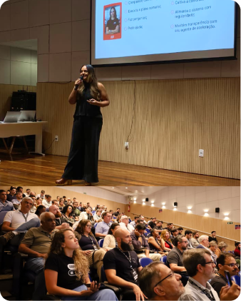 Auditório cheio durante palestra sobre comunidades
